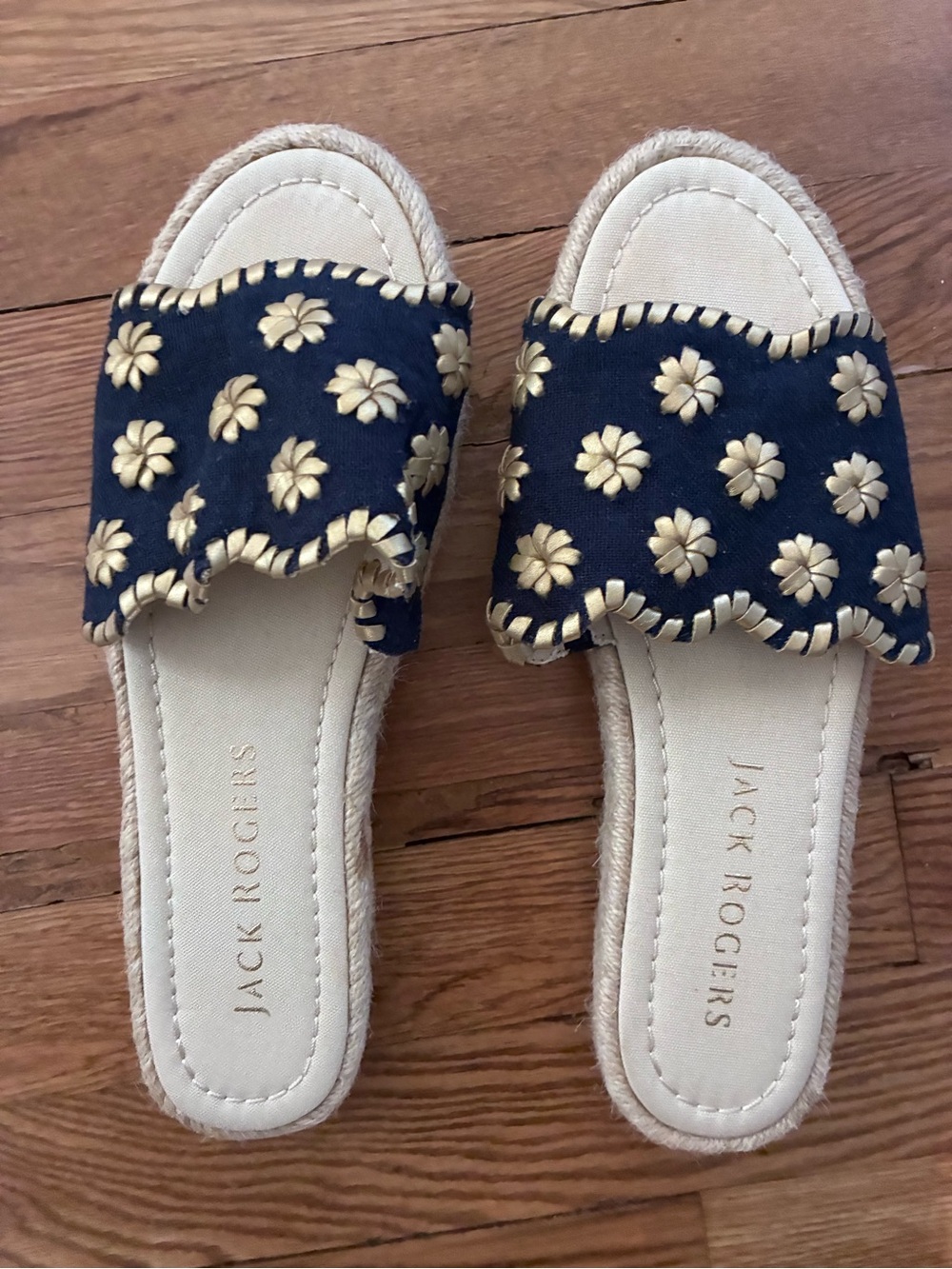 Jack Rogers Navy Slide Sandals with Gold Floral Embroidery